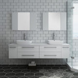 Lucera 72" White Modern Wall Hung Double Vessel Sink Bathroom Vanity Set