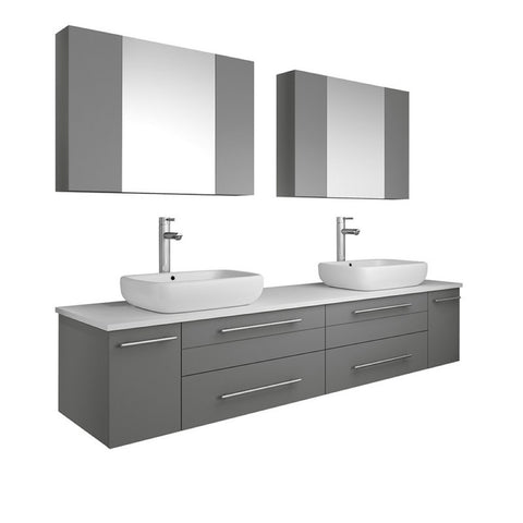 Lucera 72" Gray Modern Wall Hung Double Vessel Sink Bathroom Vanity Set