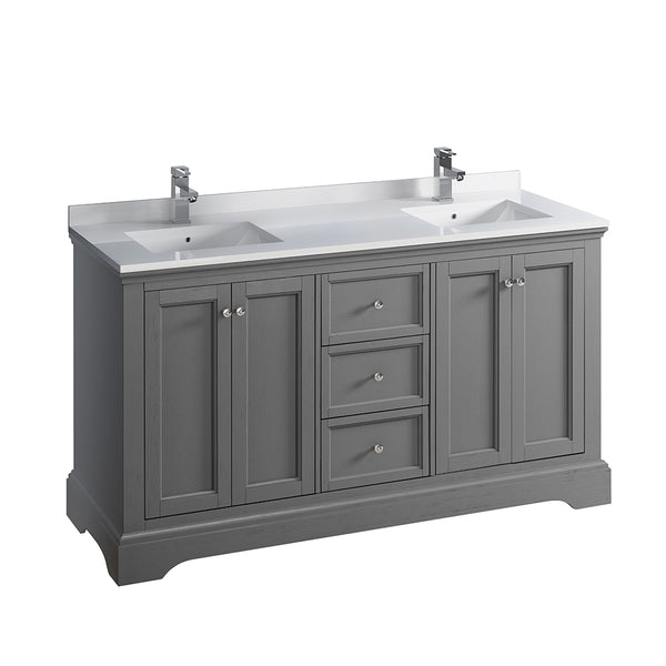Fresca Windsor 60" Gray Textured Traditional Double Sink Bathroom Cabinet w/ Top  Sinks | FCB2460GRV-CWH-U