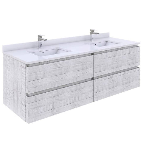 Fresca Formosa Modern 60" Rustic White Wall Hung Double Sink Bathroom Vanity | FCB31-3030RWH-CWH-U
