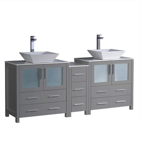 Fresca Torino 72" Gray Double Sink Bathroom Cabinets w/ Tops & Vessel Sinks