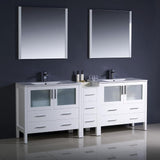 Fresca Torino 84" White Modern Double Sink Bathroom Vanity w/ Side Cabinet & Integrated Sinks