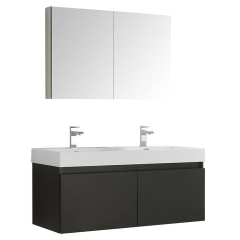 Fresca Mezzo 48" Black Wall Hung Double Sink Modern Bathroom Vanity w/ Medicine Cabinet