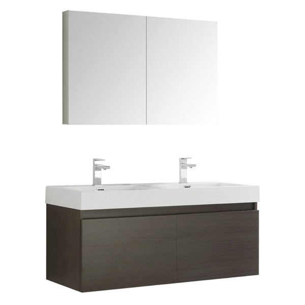 Fresca Mezzo 48" Gray Oak Wall Hung Double Sink Modern Bathroom Vanity w/ Medicine Cabinet