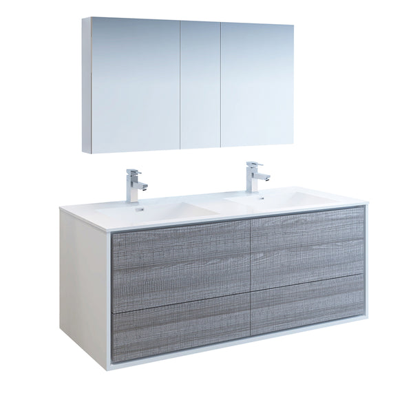 Fresca Catania 60" Glossy Ash Gray Wall Hung Double Sink Modern Bathroom Vanity FVN9260HA-D
