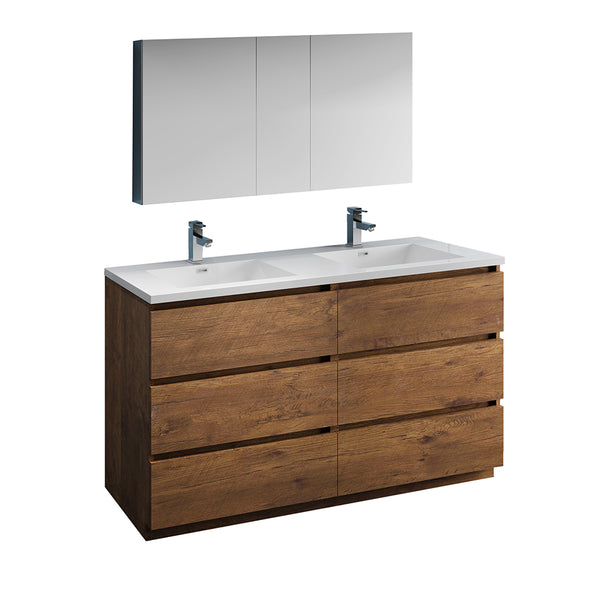 Fresca Lazzaro 60" Rosewood Free Standing Double Sink Modern Bathroom Vanity FVN93-3030RW-D