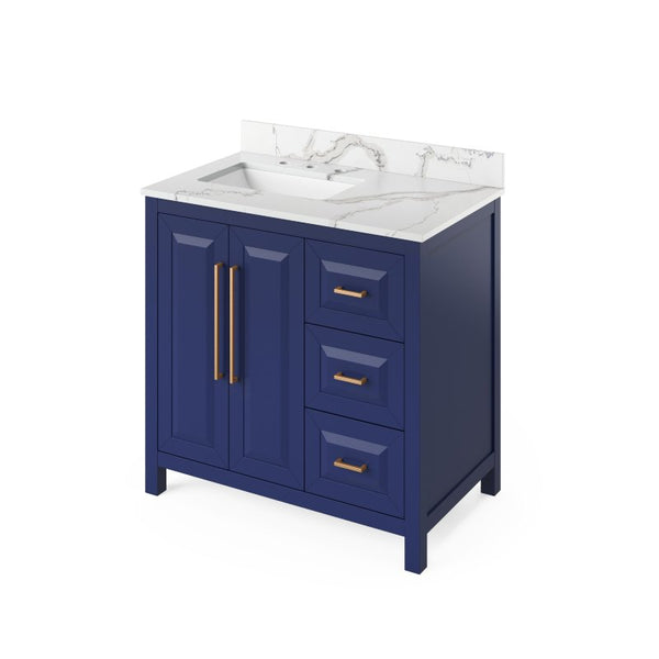 Jeffrey Alexander Cade Modern 36" Hale Blue Single Sink Vanity w/ Quartz Top- Left Offset | VKITCAD36BLCQR