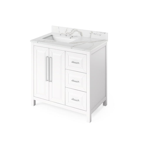 Jeffrey Alexander Cade Modern 36" White Single Sink Vanity w/ Quartz Top- Left Offset | VKITCAD36WHCQR