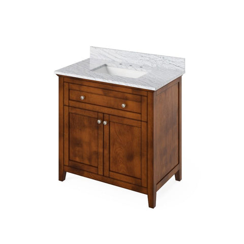 Jeffrey Alexander Chatham Traditional 36" Chocolate Single Sink Vanity w/ Carrara Marble Top | VKITCHA36CHWCR