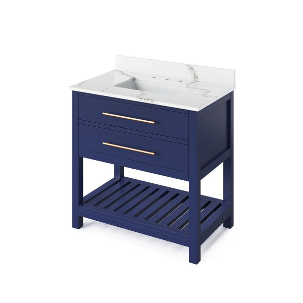 Jeffrey Alexander Wavecrest Contemporary 36" Hale Blue Single Sink Vanity w/ Calacatta Vienna Quartz Top | VKITWAV36BLCQR