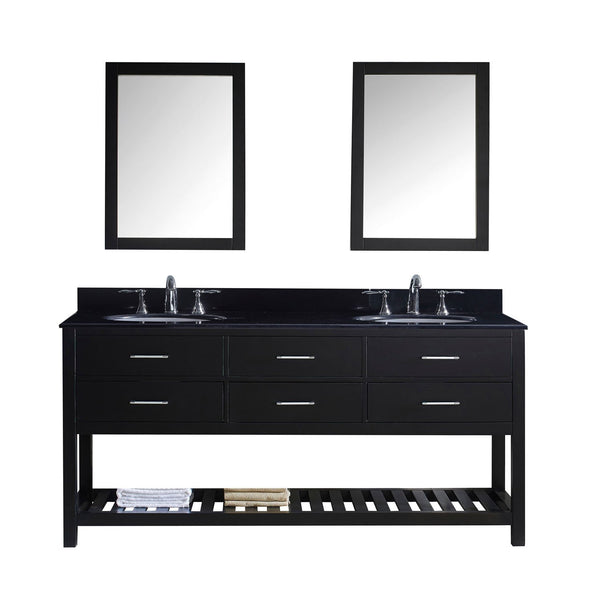 Virtu USA Caroline Estate 72" Double Bathroom Vanity with Black Galaxy Granite Top and Round Sink with Mirrors
