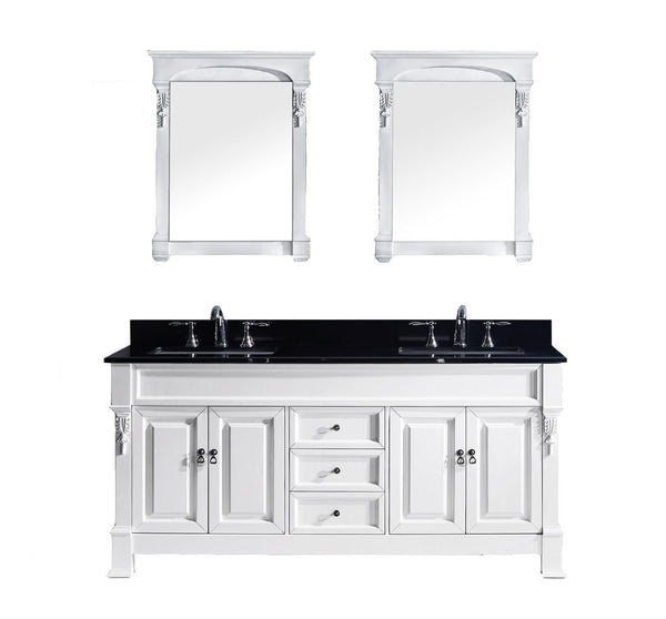 Virtu USA Huntshire 72" Double Bathroom Vanity in White with Black Galaxy Granite Top and Square Sink