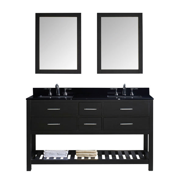 Virtu USA Caroline Estate 60" Double Bathroom Vanity with Black Galaxy Granite Top and Square Sink with Mirrors
