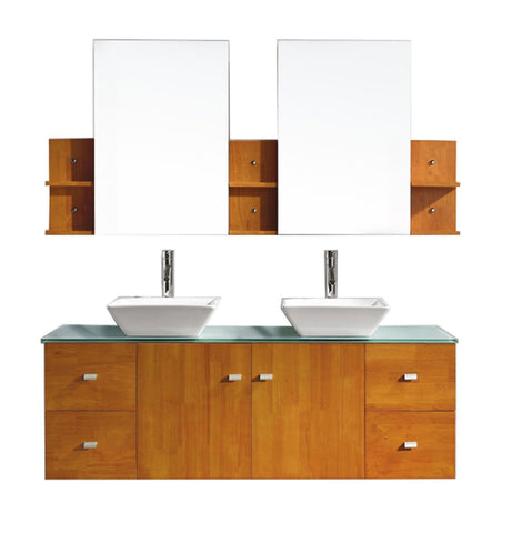 Virtu USA Clarissa 61" Double Bathroom Vanity in Honey Oak with Aqua Tempered Glass Top and Square Sink