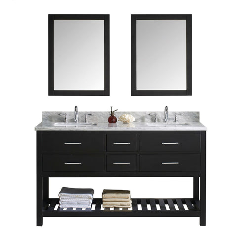 Virtu USA Caroline Estate 60" Double Bathroom Vanity with Marble Top and Square Sink with Mirrors