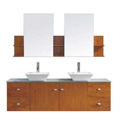 Virtu USA Clarissa 72" Double Bathroom Vanity in Honey Oak with Aqua Tempered Glass Top and Square Sink