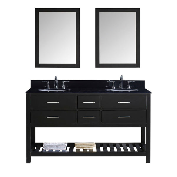 Virtu USA Caroline Estate 60" Double Bathroom Vanity with Black Galaxy Granite Top and Round Sink with Mirrors