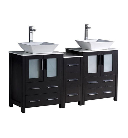 Fresca Torino 60" Espresso Modern Double Sink Bathroom Cabinets w/ Tops & Vessel Sinks