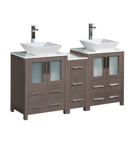 Fresca Torino 60" Gray Oak Modern Double Sink Bathroom Cabinets w/ Tops & Vessel Sinks