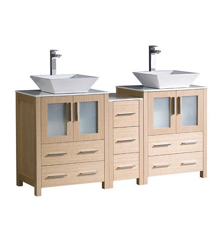 Fresca Torino 60" Light Oak Modern Double Sink Bathroom Cabinets w/ Tops & Vessel Sinks