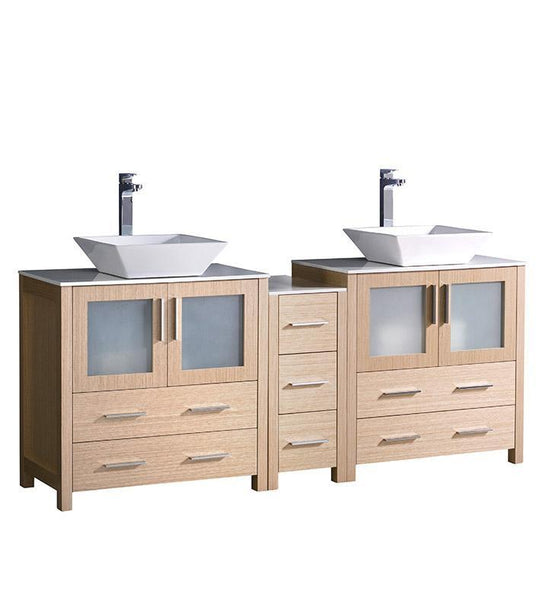 Fresca Torino 72" Light Oak Double Sink Bathroom Cabinets w/ Tops & Vessel Sinks